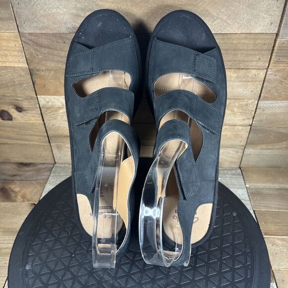 Clarks Collection Womens Size 9M Platform Wedge Sandals Black Strappy Slingback - Picture 5 of 10